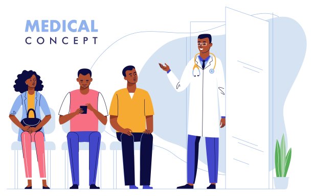 医学理念与黑人医生和病人在医院大厅排队等候。图片下载