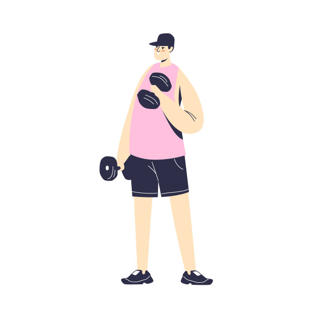 用哑铃训练的人。年轻卡通人物训练、健身和健身理念图片下载
