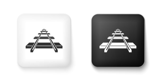 黑白铁路图标孤立在白色背景。方形按钮。向量图片下载