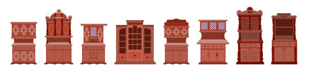 一套古董橱柜。在白色背景上孤立的复古衣柜集合。客厅、厨房和卧室的家具都是维多利亚风格的。矢量插图在平面风格图片下载