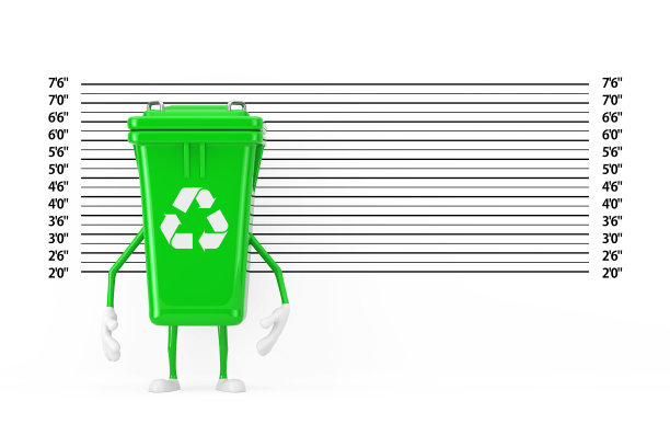 回收标志绿色垃圾垃圾桶人物吉祥物在警察指认或大头照背景。三维渲染图片下载