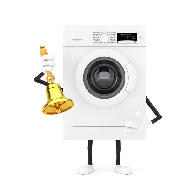 现代白色洗衣机人物吉祥物与复古金色学校钟。3d渲染图片下载