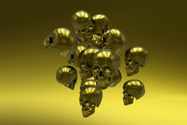 很多人的金色头骨飞在金色的背景，3d渲染图片下载