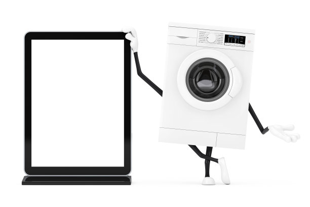 现代白色洗衣机角色吉祥物与空白贸易展示液晶屏幕支架作为您的设计模板。3d渲染图片下载