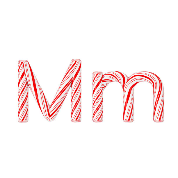 字母M薄荷糖甘蔗字母收集条纹在红色圣诞颜色。三维渲染图片下载