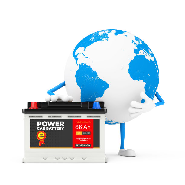 地球人物吉祥物和可充电汽车电池12V蓄电池与抽象标签。3d渲染图片下载