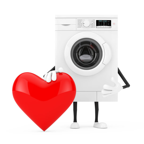 现代白色洗衣机人物吉祥物红心。3d渲染图片下载