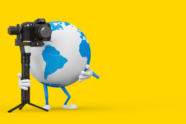 地球人物吉祥物与数码单反或摄像机框架稳定三脚架系统。3d渲染图片下载