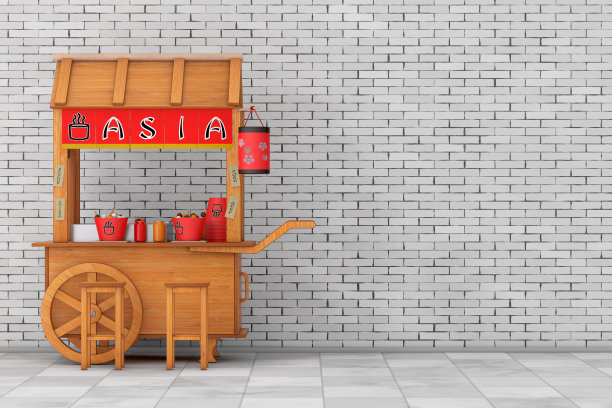 亚洲木制街道食品肉丸面条车与椅子。3d渲染图片下载