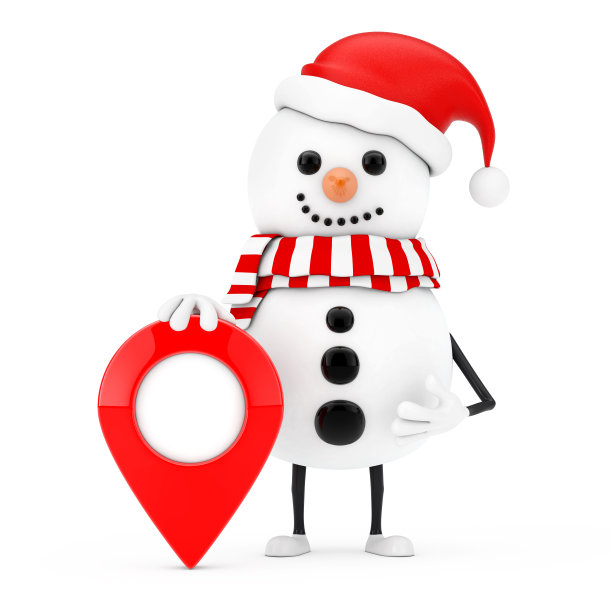 雪人在圣诞老人帽人物吉祥物与地图目标指针针。3d渲染图片下载