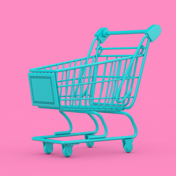 蓝色购物车手推车模型在双色调风格。3d渲染图片下载