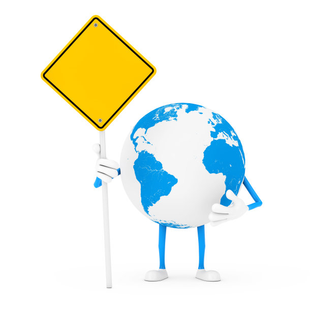 地球人物吉祥物和黄色道路标志与您的设计自由空间。3d渲染图片下载