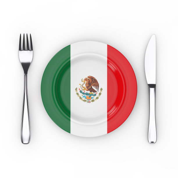 墨西哥食物或烹饪概念。叉，刀和盘子与墨西哥国旗。3d渲染图片下载