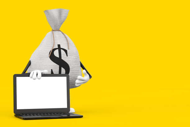 捆绑的乡村帆布亚麻钱袋或钱袋和现代笔记本笔记本电脑与空白屏幕为您的设计。3d渲染图片下载