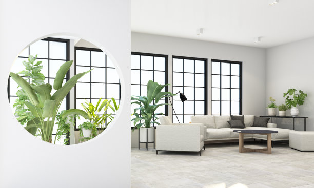 孟菲斯设计的室内概念，灰色织物扶手椅和沙发周围是绿色植物，黑色框架窗户和阳光3d渲染图片下载