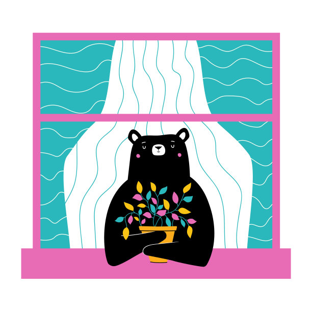 与窗户黑熊拥抱彩色植物图片下载