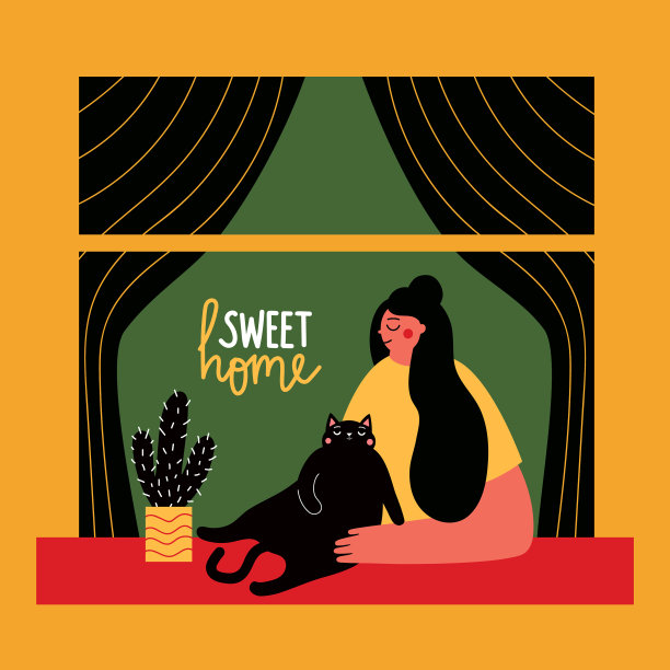 带着胖黑猫长头发的年轻女子仙人掌图片下载