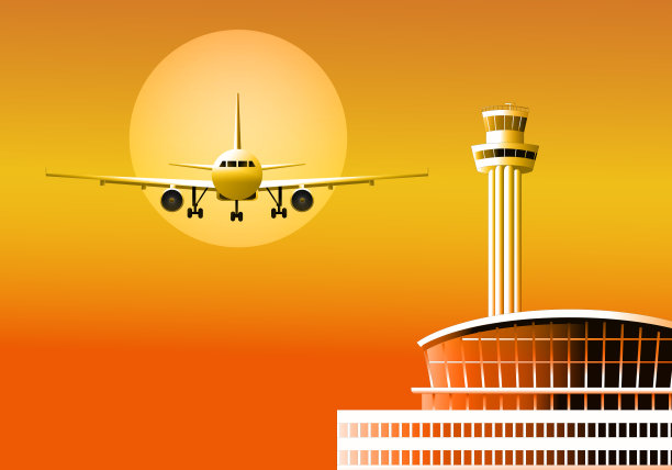 飞机在日落时分降落在机场塔台图片下载
