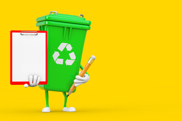 回收标志绿色垃圾垃圾桶人物吉祥物与红色塑料剪贴板，纸和铅笔。3d渲染图片下载
