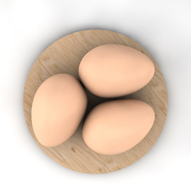 三个鸡蛋在一个圆形木板上的3d渲染孤立在一个白色的背景。图片下载