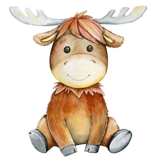 驼鹿，一个可爱的森林动物，卡通风格，在一个孤立的背景。手绘水彩插图。图片下载