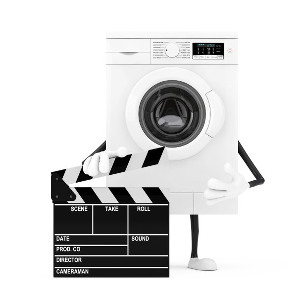 现代白色洗衣机角色吉祥物与电影拍板。3d渲染图片下载