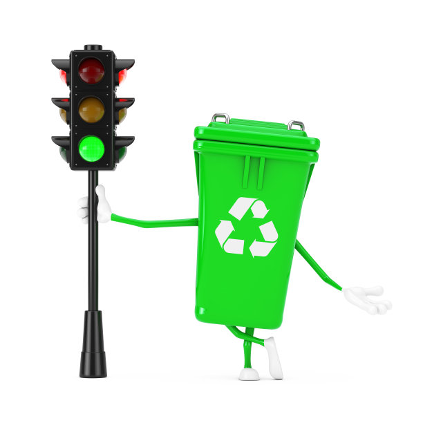 回收标志绿色垃圾垃圾桶人物吉祥物交通绿灯。3d渲染图片下载