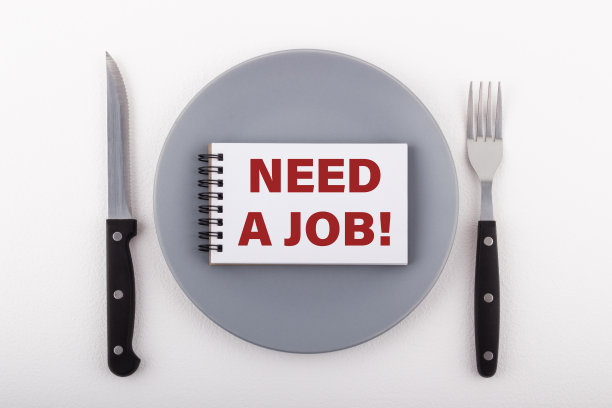 带文本的记事本需要一份工作!在一个灰色的盘子上，旁边是刀叉，背景是白色的。经营理念。图片下载