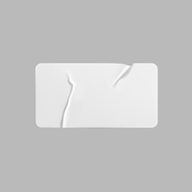 白色胶粘皱巴巴的矩形贴纸模型。空白白色不干胶纸或塑料不干胶标签具有起皱和起皱效果。模板标签标签关闭。3 d现实的向量图片下载