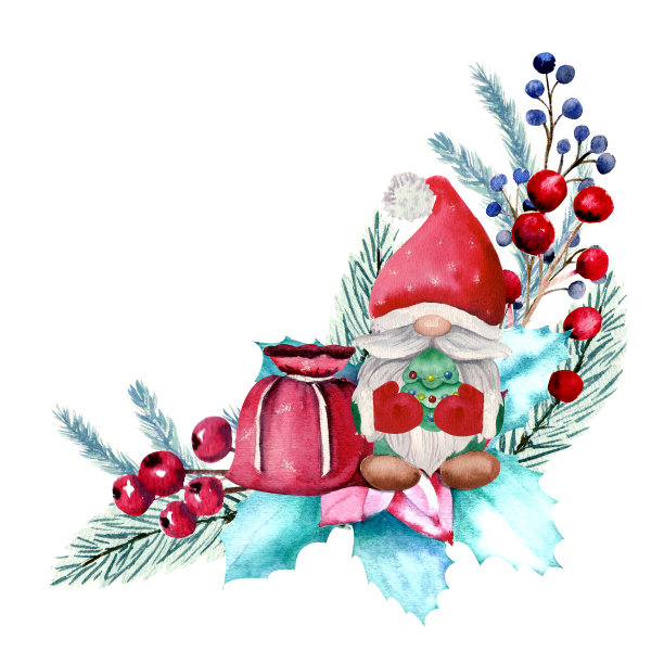 冬季水彩画圣诞侏儒，浆果，冷杉球果，冷杉树枝。手绘圣诞插图。用于请柬、贺卡、印刷品、海报、广告图片下载