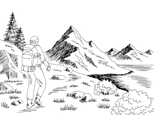 徒步旅行者在山上行走图形的黑白风景素描插图向量图片下载
