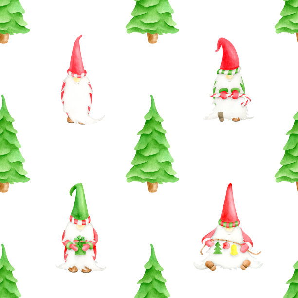 手绘水彩无缝模式与圣诞小精灵和圣诞树。可爱幼稚的精灵人物和常绿冷杉树孤立在白色背景包装，贺卡，圣诞印刷。图片下载