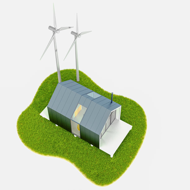 环境eco-concept。一个现代的白色小房子的顶视图谷仓风格的金属屋顶在一个岛上与风力发动机磨坊。在白色背景上的3D插图，孤立图片下载