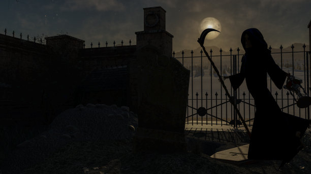 一个墓地和骷髅在兜帽站在它与大镰刀在一个夜晚的背景与月亮图片下载