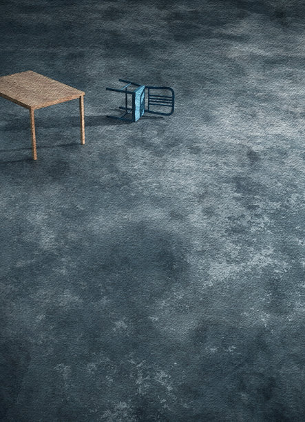 水彩滤镜3D渲染：几乎空旷的空间，地面上有一张桌子和一把椅子图片下载