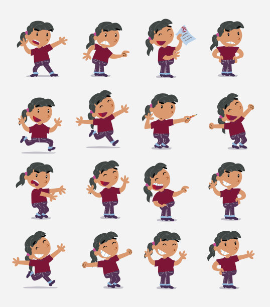 卡通人物白人小女孩。设置不同的姿势，姿态和姿势，做不同的活动在孤立的矢量插图图片下载