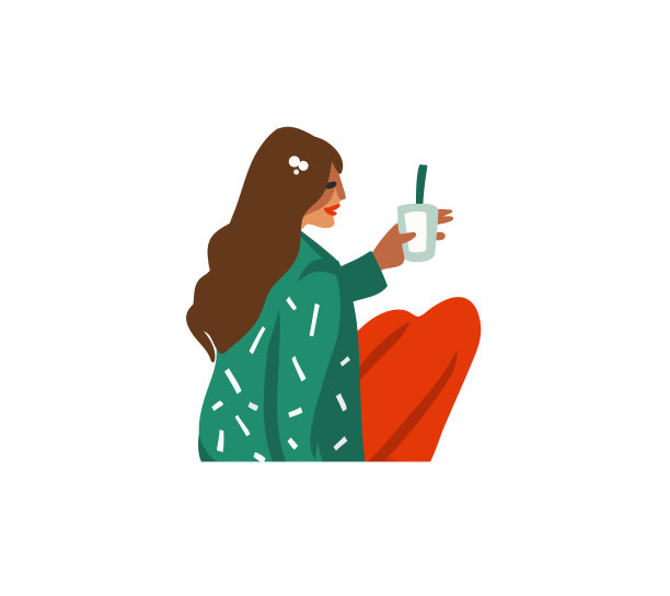 手绘矢量抽象有趣的股票平圣诞快乐，和新年快乐的卡通节日贺卡与可爱的女孩饮料节日圣诞鸡尾酒孤立的白色背景插图图片下载