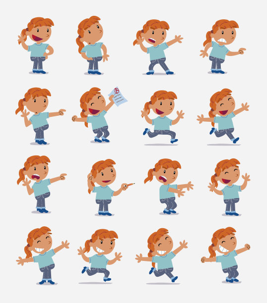 卡通人物白人小女孩。设置不同的姿势，姿态和姿势，做不同的活动在孤立的矢量插图图片下载