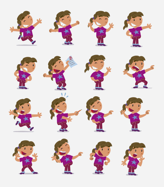 卡通人物白人小女孩。设置不同的姿势，姿态和姿势，做不同的活动在孤立的矢量插图图片下载