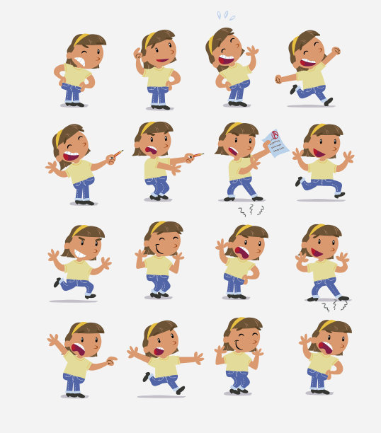 卡通人物白色小女孩。设置不同的姿势、态度和姿势，在孤立的矢量插图中做不同的活动图片下载