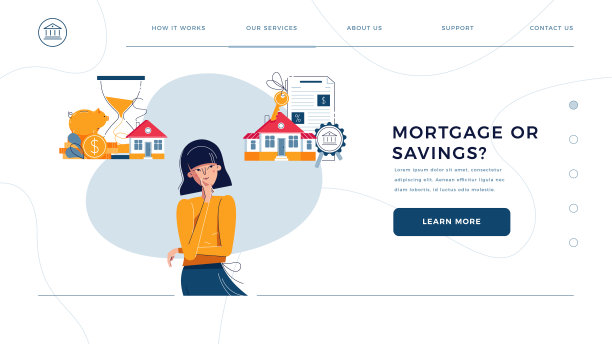 抵押或储蓄选择网页模板主页。想存钱或贷款买大房子的女人。购买新房，财务规划。平面卡通矢量插图图片下载