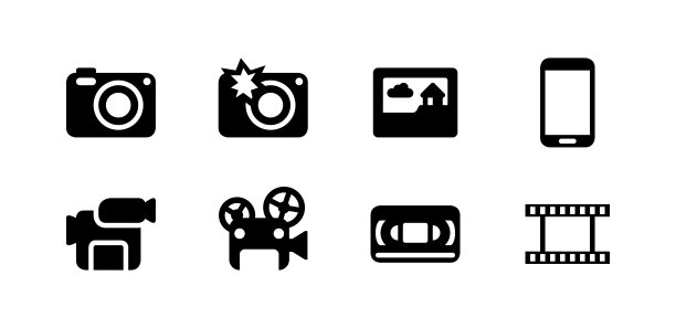 照片视频摄像机矢量图标设置。孤立的多媒体图标。采购产品照相机，图片，摄像机，电影卷轴，录像带，智能手机符号收藏图片下载