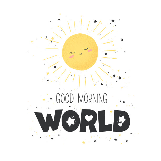 矢量插图与可爱的手绘卡通太阳和字母早上好孤立在白色背景。设计印刷，织物，壁纸，卡片，婴儿室装饰图片下载