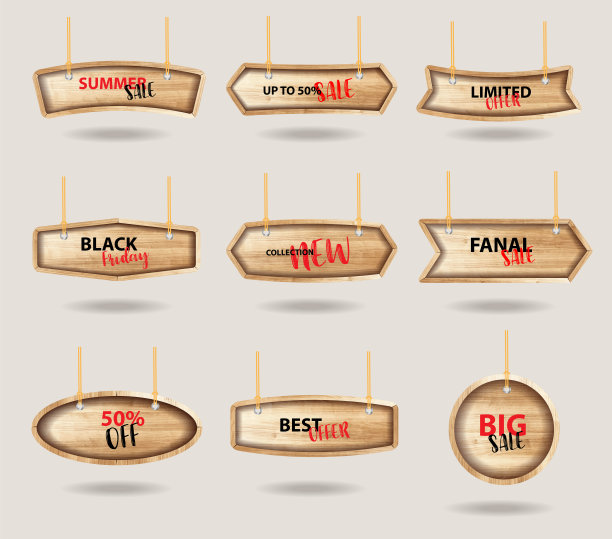 矢量木标志挂在绳子和链条上，用价格标签收集标签销售横幅设计图片下载