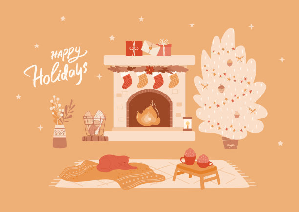 新年室内有壁炉，袜子装饰，圣诞树，可爱的猫躺在毯子上，两杯热的甜饮料站在小桌子上。图片下载