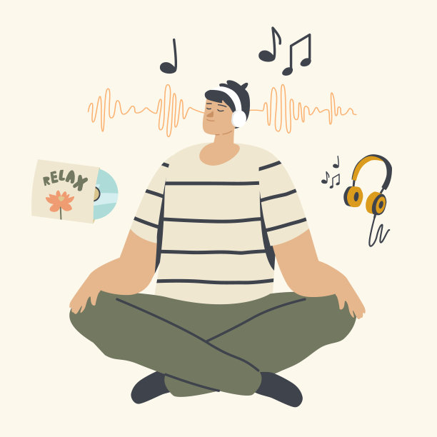 放松的男性角色在耳机中冥想，听放松的音乐。男人做瑜伽莲花姿势。健康的生活方式图片下载
