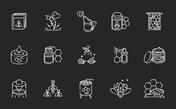 养蜂粉笔白色图标设置在黑色背景图片下载