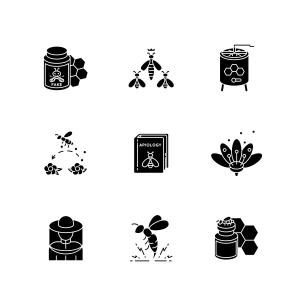 蜂业黑色字形图标设置在白色空间图片下载