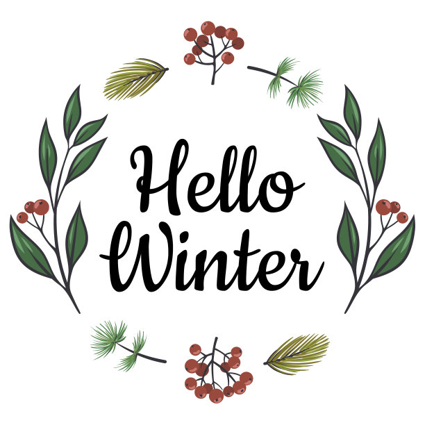 你好,冬天的花环。手绘圣诞植物花环。贺卡、文具、海报设计。孤立在白色的。图片下载