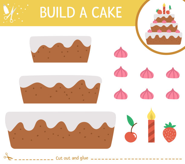 矢量生日派对剪胶活动。假期教育制作游戏与可爱的甜点，蜡烛和装饰。适合孩子的有趣活动。糖果棒插图。制作生日蛋糕图片下载